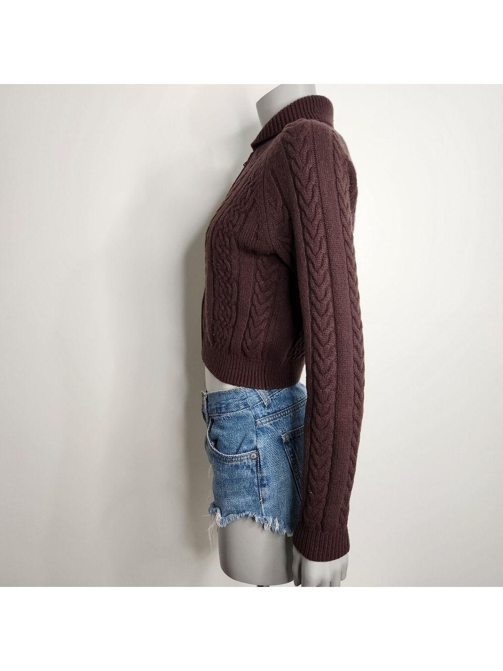 Aritzia Sunday Best "Gigi" Brown Cable Knit Collared Zip-Up Sweater Size 2XS - Picture 6 of 15